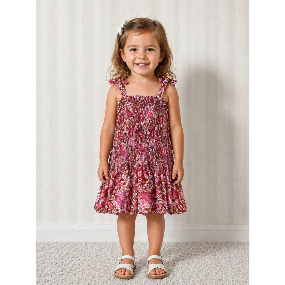 Wonder Nation Girls 4T Smocked Sun Dress - Pink & Orange Floral Tiered Ruffle